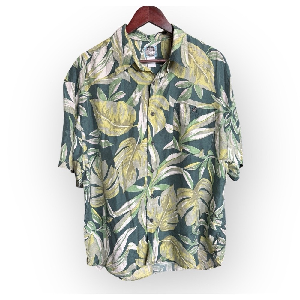 VTG Silk Uomo by NAK Shirt Leaves Size L‎ 100% Silk Button Up Short Sleeve